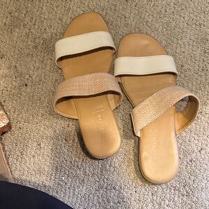 LC Lauren Conrad Two-Strap Slide Sandals in Cream and Tan